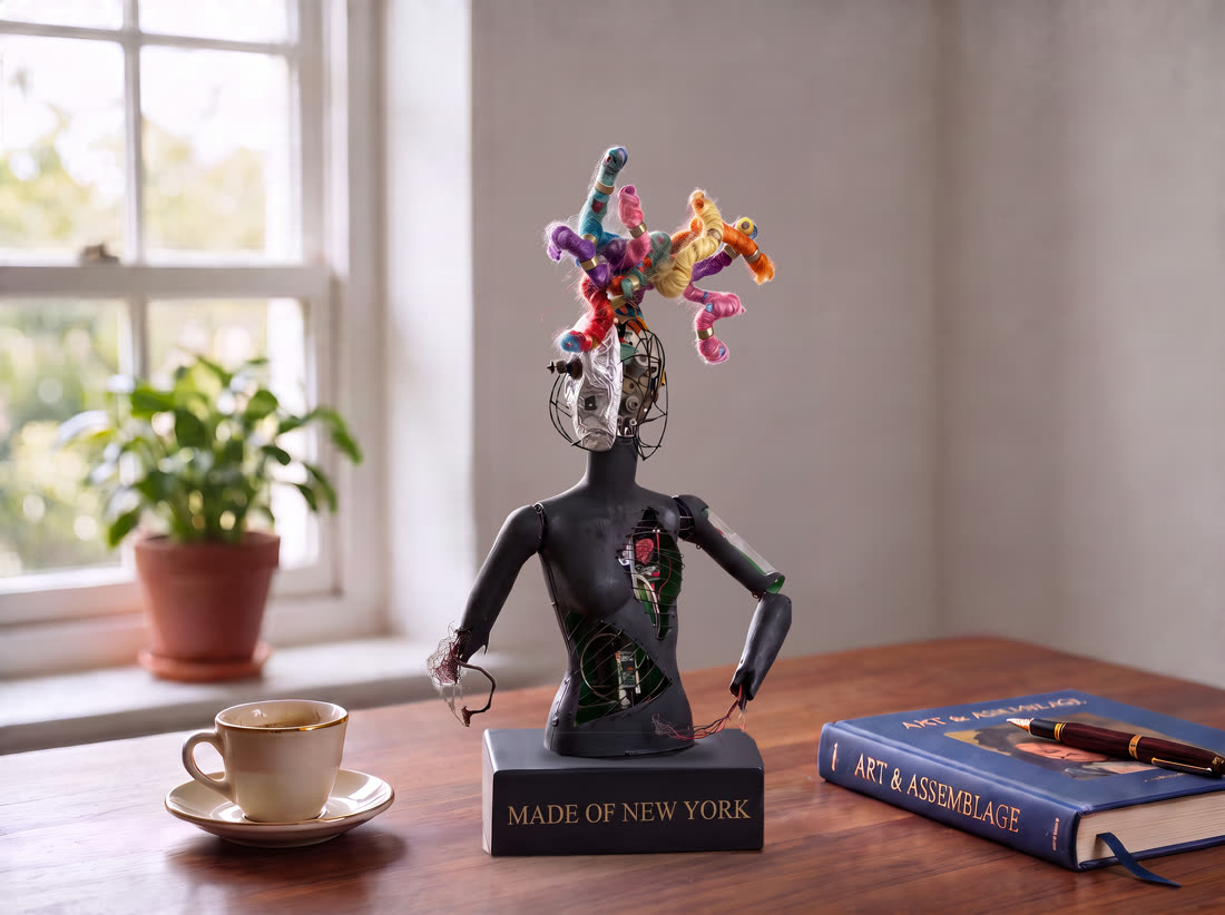 Small edition of Sculpture II, with the colorful dreads, on a walnut desk