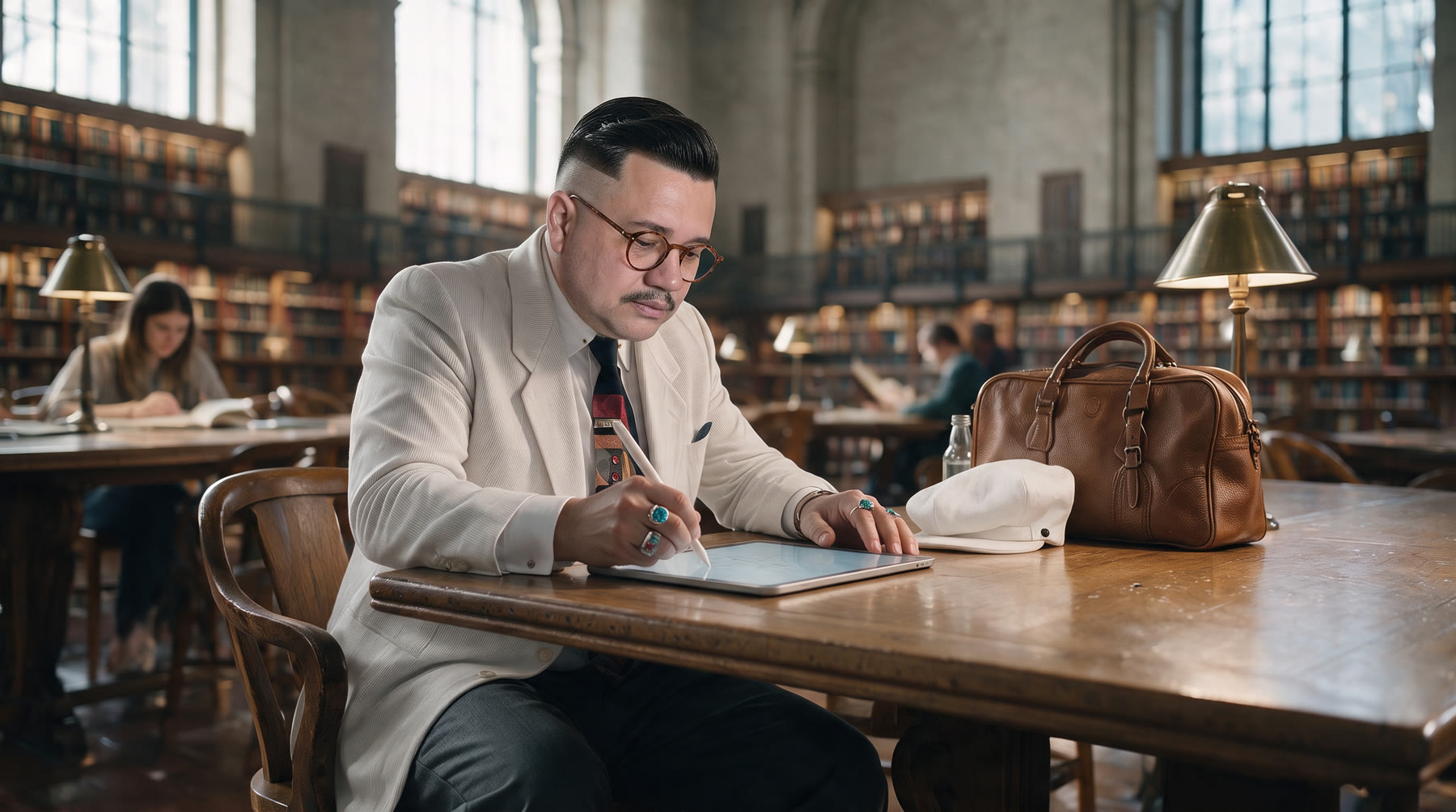 Tony Motta sketching a sculpture on an iPad in the reading room of a New York library