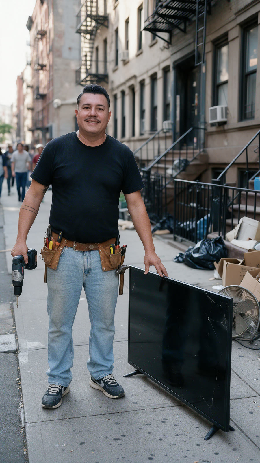 Tony Motta on a Lower East Side sidewalk by day, wearing a tool belt and holding a drill, resting his hand on a discarded flat-screen TV